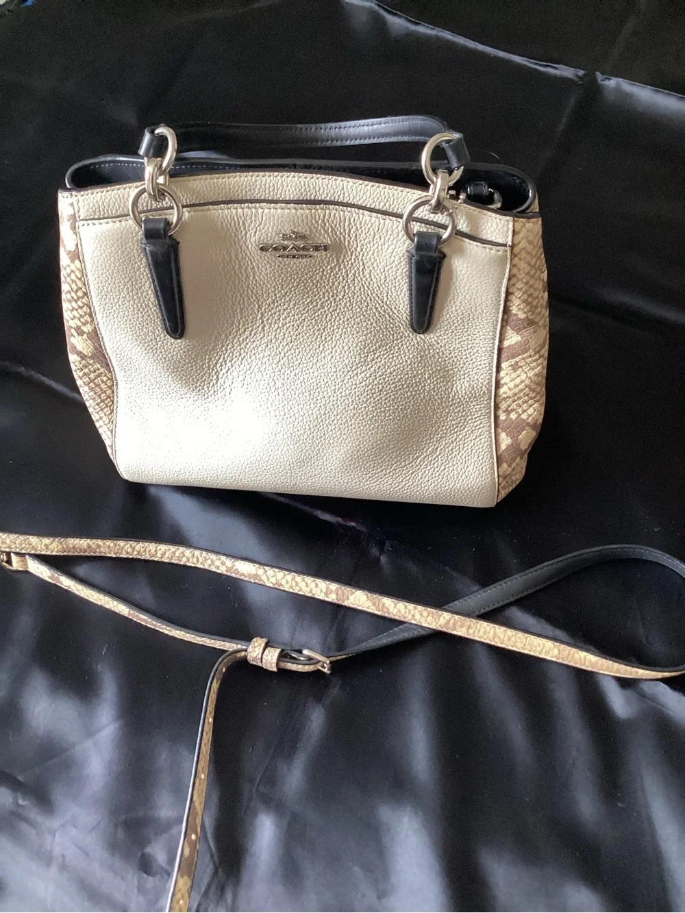 Coach Cream Leather Mini Satchel‎ with Brown Snake-Print Trim and Black Handles